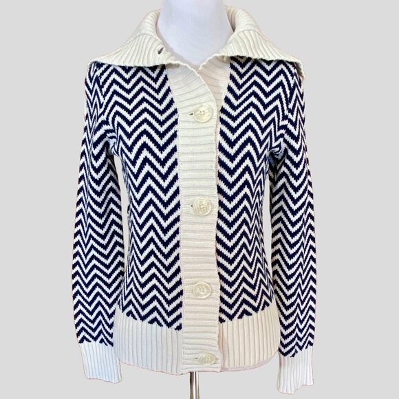EUC G.H. Bass 90's Sailor Collar Herringbone Navy/Cream Button Up Cardigan - Picture 1 of 7